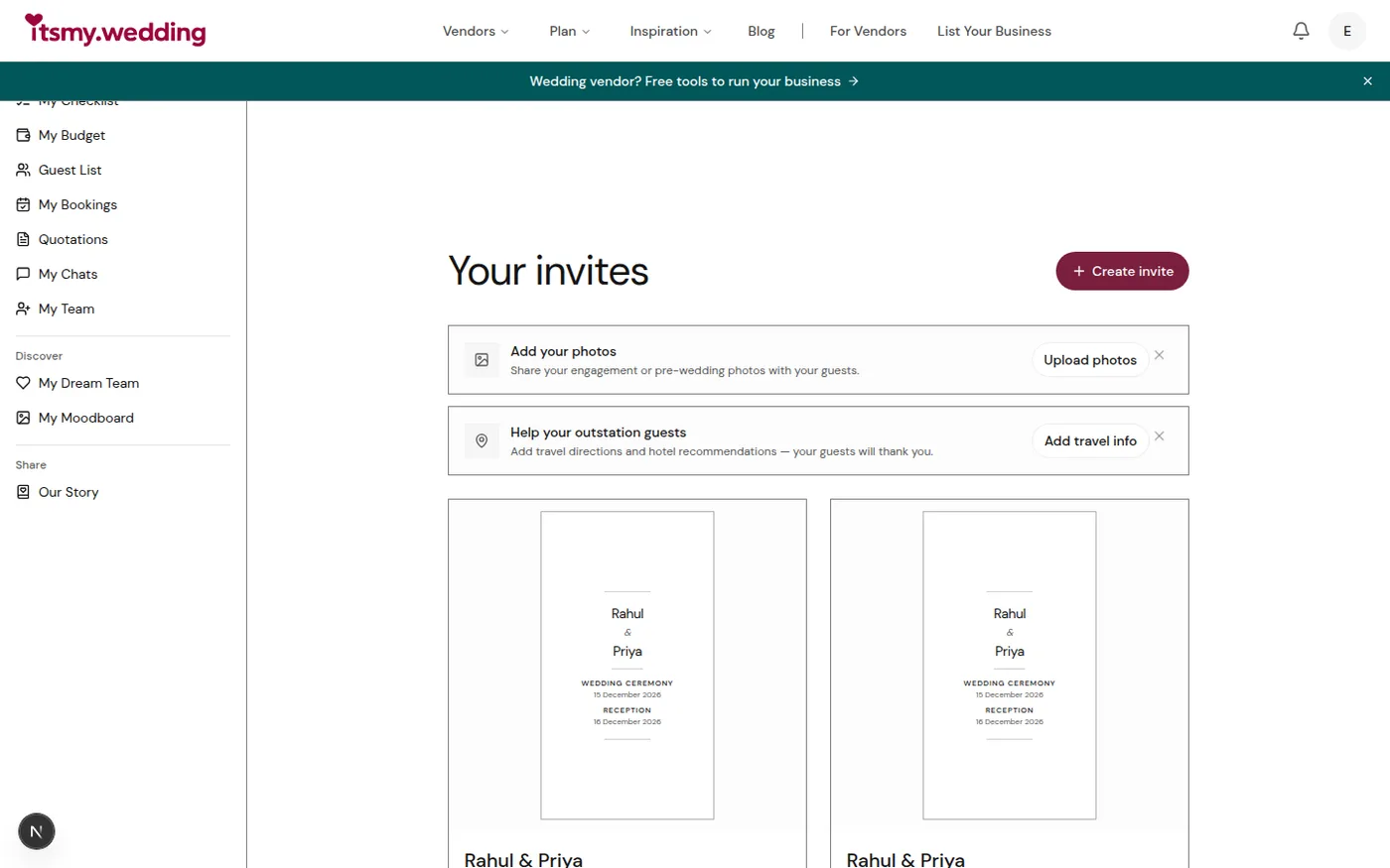 Share wedding invitation on WhatsApp with QR code and download options