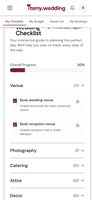 Wedding planning checklist with progress tracking